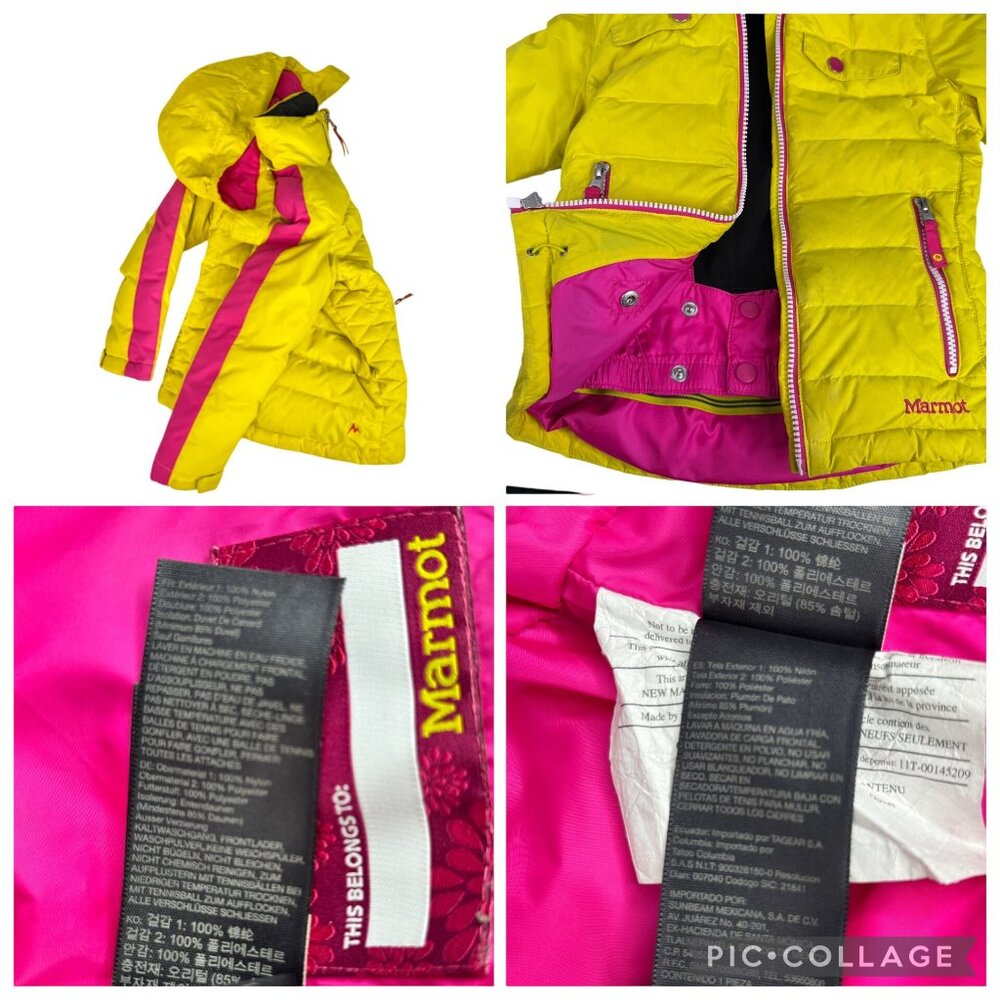 Marmot Girls Puffer Down Jacket Yellow Pink XS Warm Insulated Hooded Windproof - Picture 4 of 16